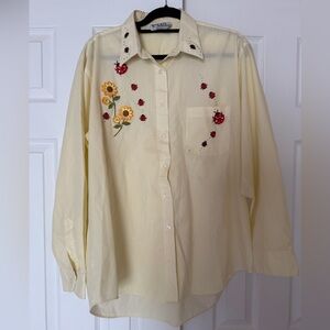 VTG Lasolas Top Embroidered Button-Up Shirt Ladybug Sunflower Rhinestone Size XL